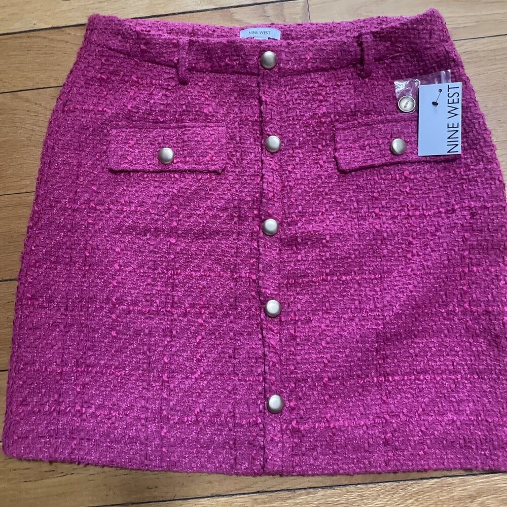 Nine West Skirt Women's Large Hot Pink Tweed Knit Button Front Side Zip Mini NEW